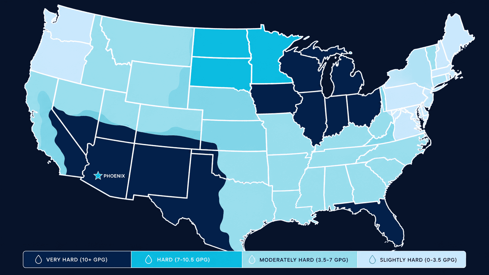 US water hardness map showing Phoenix, Arizona as one of the hardest water cities in America