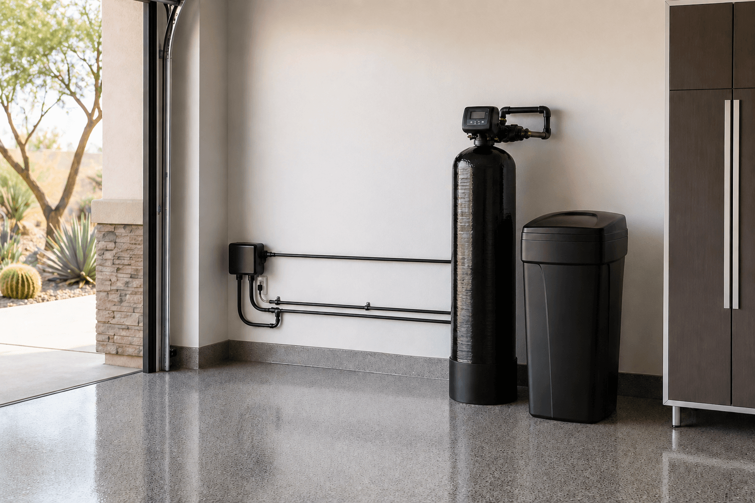 Whole-home water softener system installed in Phoenix garage