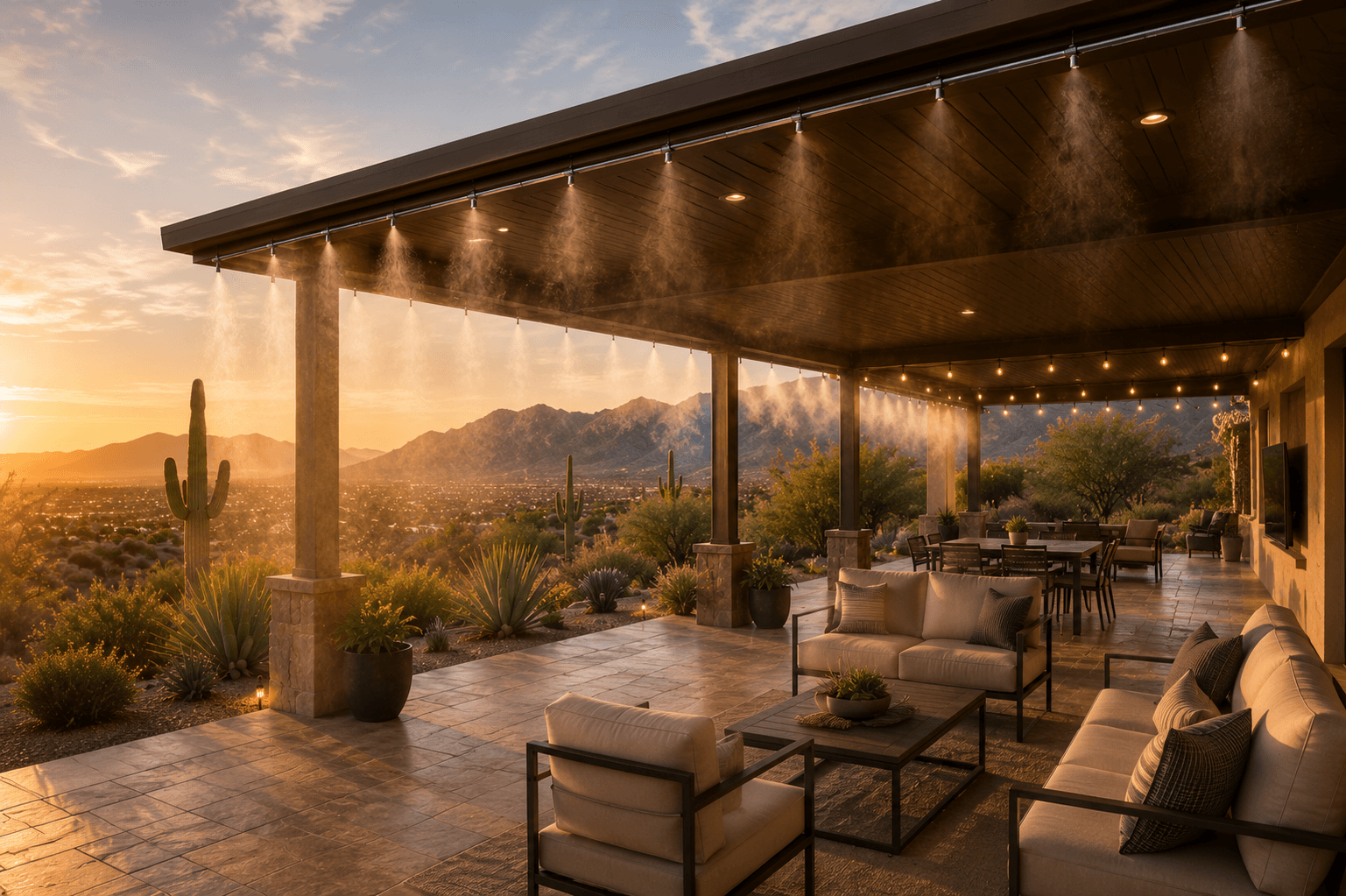Patio misting system running at sunset on a Phoenix AZ pergola with desert mountain views