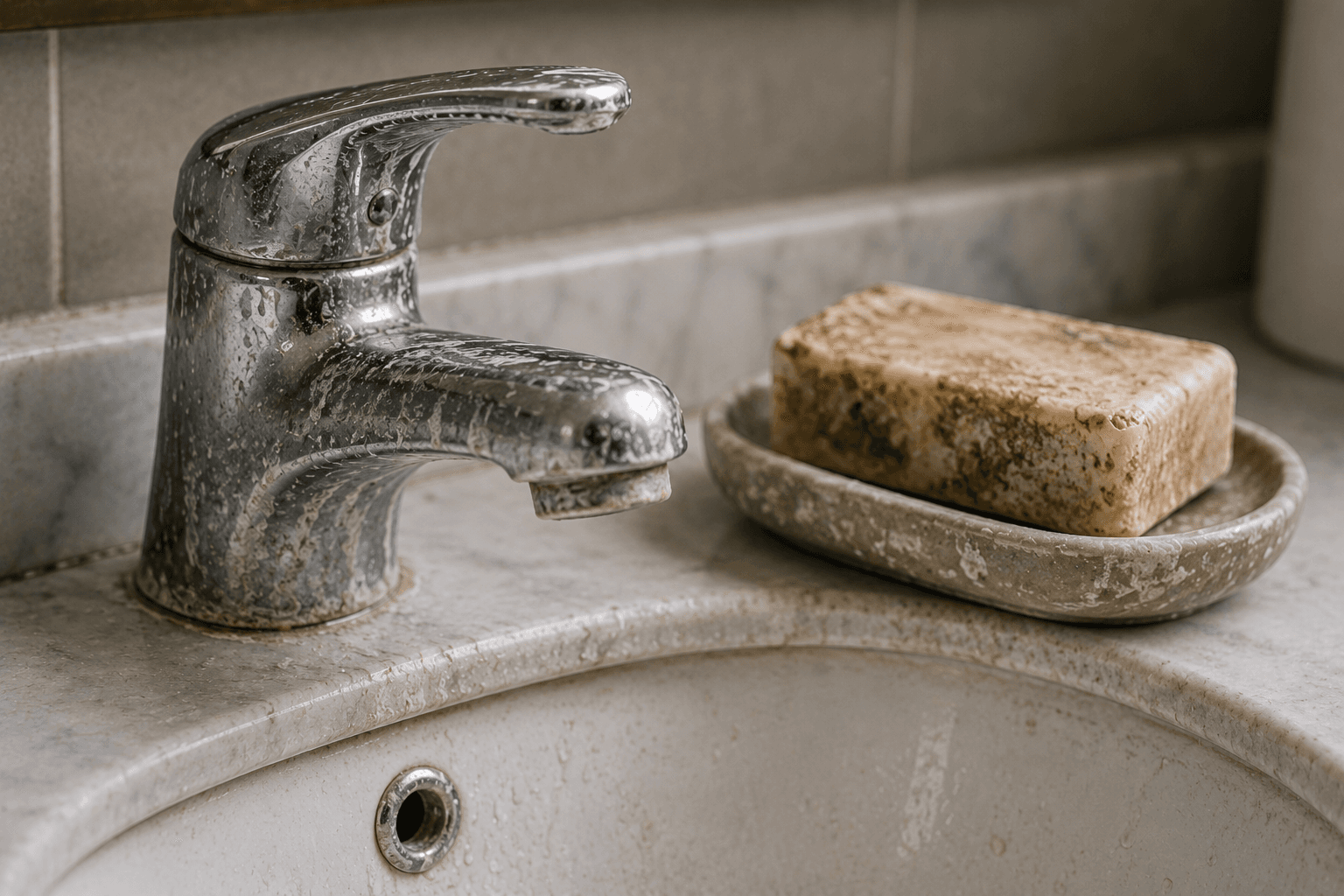 Faucet and sink covered in hard water mineral deposits